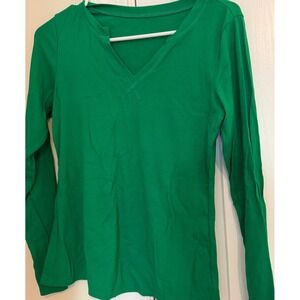 ZAK Womens Green Ribbed Long Sleeve Notched V-Neck Top C01778 Cotton Blend Small